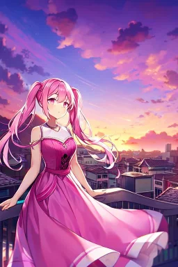 girl, masterpiece, best quality, cinematic lighting, detailed outfit, perfect eyes, long hair, pink hair, twin tail, pink eyes, vibrant colors, pink outfit, landscape, sunset, pink sky, town,