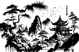 Temple in the mountains, Japanese Style Landscape, painted with black ink