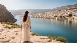 close to the old town of Nazareth, a view on the Lake of Genesareth. a young woman in linen dress, she has her wooden rod she looks at the people down around the shore