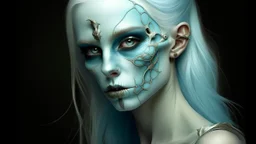 urban fantasy, woman, elf, skull mask, light-blue skin color