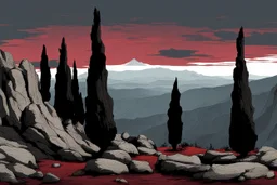 mountains, a gloomy rocky landscape, cypresses stretching up in the foreground, rocks and a bloody sky in the background