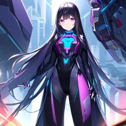 Clear focus,High resolution, Black long hair, Purple eyes, Wearing a Futuristic Popstar outfit