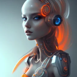 A beautiful portrait of a cute cyberpunk woman orange color scheme, high key lighting, volumetric light high details with white stripes and feathers and celtic paterns