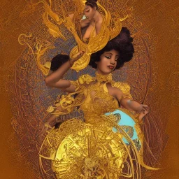 Tarot card, gold paper, Nigerian goddess full body portrait, insanely detailed orange and teal mandelbulb mandelbrot fractal filigree selfie shot portrait by Alphonse Mucha, Greg Rutkowski, Artgerm, WLOP, Moebius, macro lens 3D shading 3Delight 3ds Max LightWave 3D Mandelbulber3d Unreal Engine 5 volumetric lighting dynamic lighting heavenly sunshine beams divine bright 8k resolution concept art Splash art trending on Artstation triadic colors