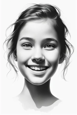 A realistic drawing in negative space black ink on white background of a beautiful front view of a young girl smiling with clear white face, all picture is bright white