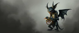 air brush 3d with pen outline, mongrel goblin gremlin holding caged bird, charcoal fog border
