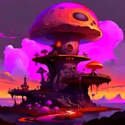 A fantabulous black, orange, and pink (((mushroom tower house))) erected atop a (geologic pillar), surrounded by the uncanny imaginative ((( swirling skies))), offset by the stark hues of a (neon-tinged nebulous space scape), within. captured by the hand a skilled master painter with a focus on (softly blurred compositions and voluminous lighting).