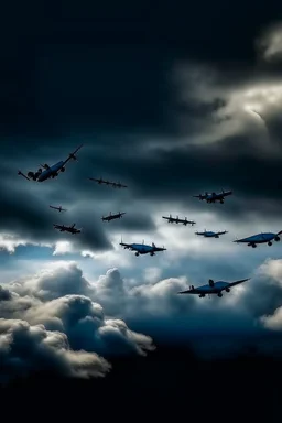 Looking up above in the The cloudy stormy sky filled with a lot of Boeing B-52 shadows over head view