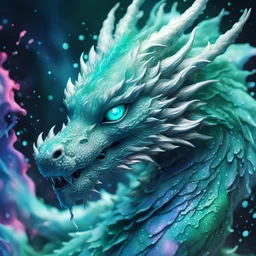 close up ethereal ghost dragon, green jade white silver, huge beautiful blue eyes, vaporwave aesthetic, liquid, ink, splatter, splash, nightly auroric background, digital painting, sharp focus, high contrast, bright vibrant colors, cinematic masterpiece, shallow depth of field, bokeh, sparks, glitter, 16k resolution, photorealistic, intricate details, dramatic natural lighting