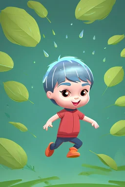 raindrop kid cartoon charactrer falls from the sky lands on leaf then ground below Cartoonish illustration
