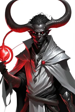 En Young male black skin black hair tiefling Wizard with large horns fra dnd. a book with Arcane Magic floating in front of him. in a silver and White Rope and a silver cloak. His horn a perfectly place on acet from the front to the back pointing upwards with glowing Red cat Eyes. His close is elegant get simple. Casting and ice spell