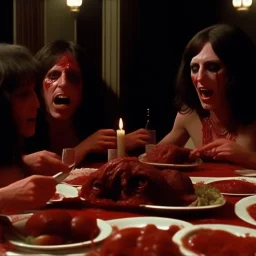 Movie shot horror, spooky, ultra realistic distress, dining, ultra realistic hot women, party, pieces of meat, creepy, organs, ail dynamic, anguish, excited people, hypermaximalist figures, Creepy, 1970's Italian horror movie, sinister, John Carpenter, Dario Argento, ornate, 4k, photorealism