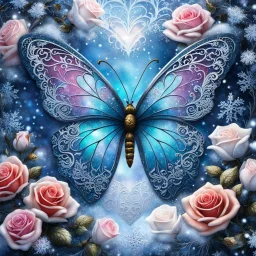 Beautiful filigree lacey butterfly, winter wonderland background, triple frosted heart with bi colored roses, glitter, glowing, transparent, sparklecore, Thomas Kinkade, realistic painting, 8K