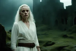 [Pan's Labyrinth (2006)] she has ethereal beauty amidst the mist-shrouded ruins of a stone castle. Her pale skin and white hair shimmered like moonlight. Clad in a white tunic, brown pants, and a leather belt with mysterious pouches, she stands, her silver dagger in hand, in the desolate landscape. her leather bracelets and corset, like a second skin of dark magic, witnesses of the countless battles she won