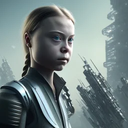  Greta Thunberg portrait in post-apocalypse cyborgs in a cyberpunk city, sci-fi fantasy style, 8k, dark