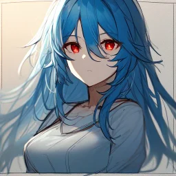 Clear focus, High resolution, rough line sketch art, blue hair, fluffy hair, between eyes, red eyes, no light in eyes