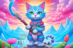 Highly detailed portrait of a cute little cat. He has a bright and cheerful color scheme, featuring a mix of pastel blues, pinks, and purples, standing with his arms folded holding a toy sword, surrounded by a swirl of energy. The background is a colorful cartoon landscape, with fluffy clouds and a rainbow. The background is a stark, metallic landscape, with a futuristic cityscape visible in the distance. by atey ghailan, by eduard hopper, by greg tocchini, by james gilleard, grunge aesthe