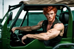 young rough and rugged muscular male photorealistic red hair and green eyes smirking expression sitting in a jeep