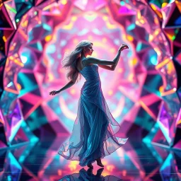 A goddess of love in a cleric dress dances in a vibrant, vibrating, color-rich 3D environment of metallic and crystal recursive geometric structures and an evolving future world background. Creative light art, blurred bokeh effect,
