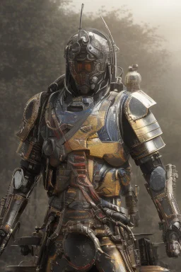 Close image of Anime depiction of a cybernetic samurai in a post-apocalyptic setting, focusing on the intricacies of the armor and weaponry, 8k realistic