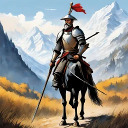 Don Quixote, clad in his worn armor, a pan to the head, embarks on a journey towards the majestic Alps. As he traverse the rugged terrain, Don Quixote brandishes his tourney lance with a sense of noble purpose, ready to conquer imaginary giants and vanquish unseen foes.