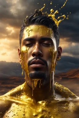 A hyper-realistic photo, beautiful face man ,natural body disintegrating into gold dripping ink and slime::1 ink dropping in water, molten lava, closed eyes 4 hyperrealism, intricate and ultra-realistic details, cinematic dramatic light, cinematic film,Otherworldly dramatic stormy sky and empty desert in the background 64K, hyperrealistic, vivid colors, , 4K ultra detail, , real photo, Realistic Elements, Captured In Infinite Ultra-High-Definition Image Quality And Rendering, Hyperrealism,