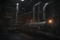 sewage treatment plant, hyperrealistic 16k, 3d rendering, expressively detailed, dynamic light, expressive dark lighting, steampunk, video game, few neon details