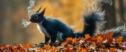 squirrel black dragon with white fluffy whool in autumn, breathing smoke