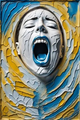 impasto paint portrait from blue and silver patterned chipped, cracked white porcelain human face with closed eyes and screaming mouth, high detalied, sharpen, crepy stunning, paint with fine line art, surreal, blur background