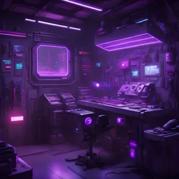 cyberpunk gun crafting station, purple lights, sci-fi room, robotics