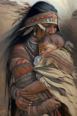 A valorous mother adorned with traditional attire worn by American Indian warriors traverses the battlegrounds of war with her cherished infant nestled firmly upon her back in a protective yet nurturing embrace