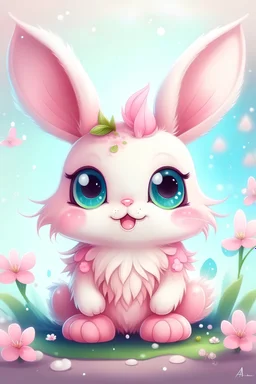 alien has a small, round body pastel-colored fur/feathers,cherry blossoms.eyes are big and shiny. rosy cheek,fluffy bunny ears,flowers.arms and legs are soft.tiny paws/claws