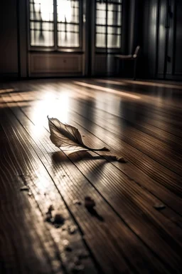 Dead singular one petal on wooden floor, light coming from above, hd, realism, hdr, 4k, leica, fujifilm, dslr, cinematic