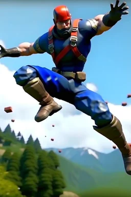 Create a picture of captain america falling from the skye to a pit animated like fortnite