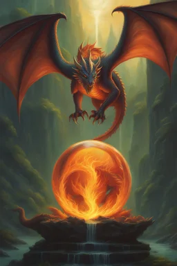 magic orb full of dragon fire. dragon with huge cloned wings. perfectly drawn claws. fantasy setting. concept art, intricately detailed, color depth, dramatic, colorful background. painted by Julie Bell