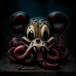 octopus mickey mouse hybrid, photorealism, horror, evil, hungry, rotted, high resolution,