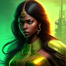 personnage de fantaisie, maximum détails, féminin, peau sombre, indienne, mèche verte