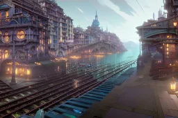 Trai Elevated Corner Trainstation in Italian village sea+liguria+alphonse mucha, greg rutkowski,matte painting, cryengine, hyper detailed, felix kelly, fantasy art, seb mckinnon