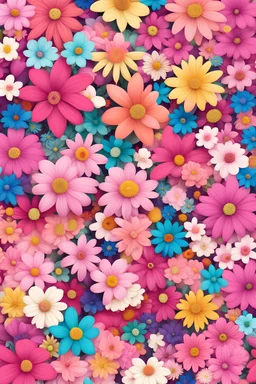 colorful 20 different flowers , clip art, pattern, pink background, no space between the flowers