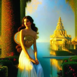 hyperdetailed oil on canvas, young Georgina Chapman by a temple fountain, beautiful, detailed face, long dark hair, surrounded by luminous colorful sparkles, airbrush, depth of field, Octane Render, by Gaspar Camps, Maxfield Parrish, Alphonse Mucha, Cyril Rolando, volumetric lighting, dusk, 16k