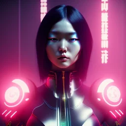 Japan, Cyber Woman, long hair, samurai, cyberpunk, neon, highly detailed, art stations, concept art, smooth, unreal engine 5, god rays, ray tracing, RTX, lumen lighting, ultra detail, volumetric lighting, 3d, finely drawn, high definition, high resolution, gradient background