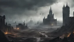 an apocalyptic flat landscape covered in dark gray dust. destroyed medieval city in the distance. zombie dragons. dark grey mist. seen from the ground. fantasy, horror. no trees