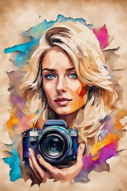 portrait of a blonde woman with a camera, background old torn paper, bright colors, ART drawing, fine rendering, 8K