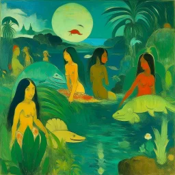 A turquoise underwater mermaid kingdom painted by Paul Gauguin