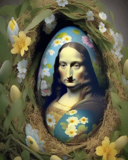 the Mona Lisa on an Easter egg in a nest of flowers