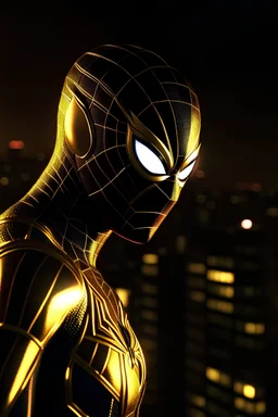 IRON-SPIDER. UHD photorealistic, SPLIT TONE. CHIGAGO NIGHT SKYLINE IN THE BACKGROUND, studio portrait. Neo-Gothic, smooth, sharp focus, art by artgerm, cinematic lighting, extremely detailed,