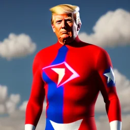 Realistic image of Donald trump super hero, retro style, watchmen style, red and blue colors, white stars, suspenders, latex material, 80s, vibrant color, highly detailed, sky background, concept art, unreal engine 5, god rays, ray tracing, RTX, lumen lighting, ultra detail, volumetric lighting, 3d, finely drawn, high definition, high resolution.