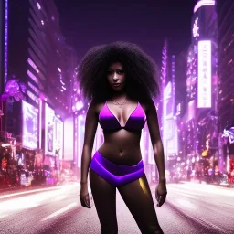 nigth city scape full body shot, masterpiece, best quality, black skinned, sparkling eyes, fluorescent skin,purple-dark makeup, gangsta style , highly detailed body, sun light, 4K, RAW, depth of field, high contrast, realistic details, 24mm