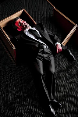 a man in black suit, red neck tie, white shirt, black pants, black shoe sleeping in a coffin, over view