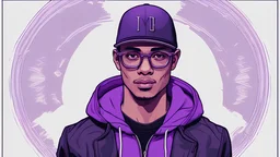 Generate a meticulously composed high-quality portrait that showcases the distinctive fashion sense of a young man in the early 2020s. His attire includes a sleek black jacket, eyeglasses that frame his thoughtful expression, and a vibrant purple hoodie. The intricate detailing of his purple cap adds a touch of individuality, set against a backdrop that's smooth and modern."